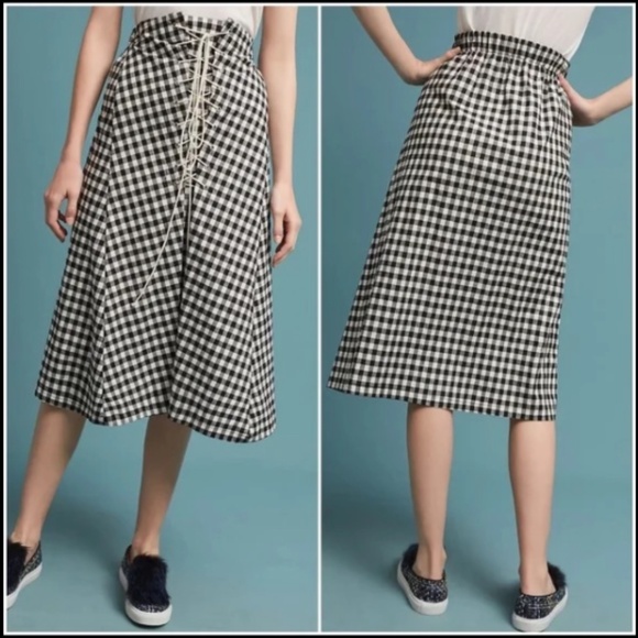 Eva Franco Dresses & Skirts - NWOT Eva Franco x Anthropologie Gingham Lace-Up Midi Skirt Black, White Size L